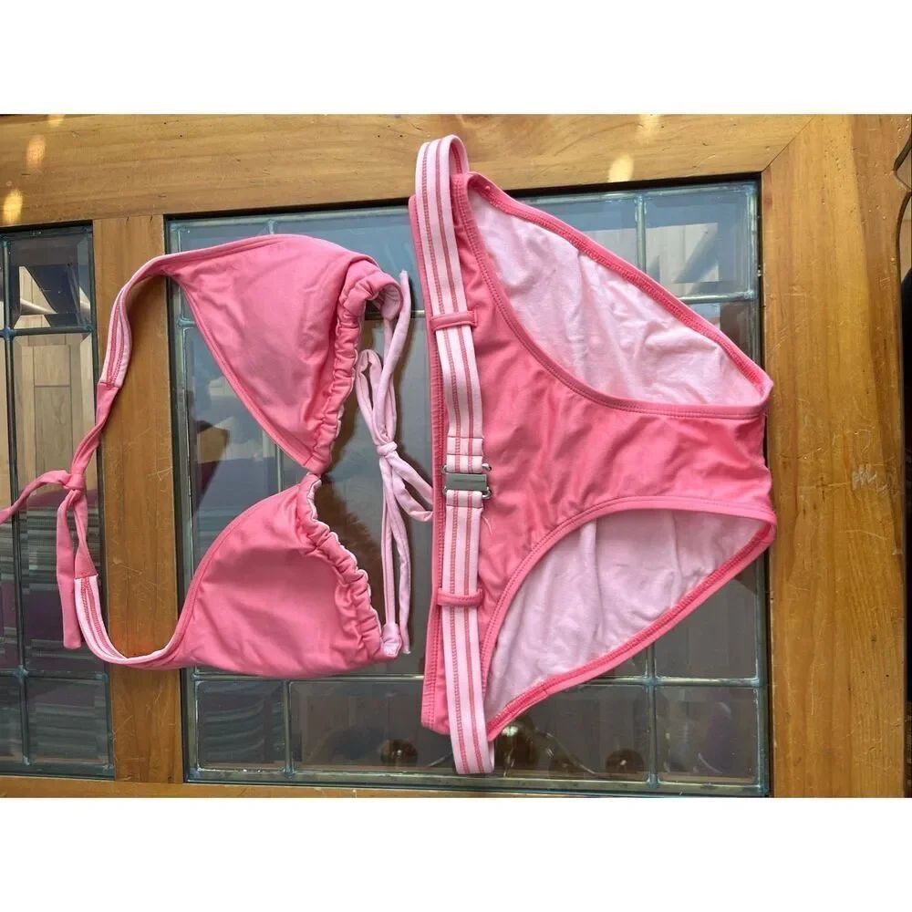 JAG Women's Halter Neck Top Belted Bikini Set 2 Piece Swimsuit Pink Size Medium
